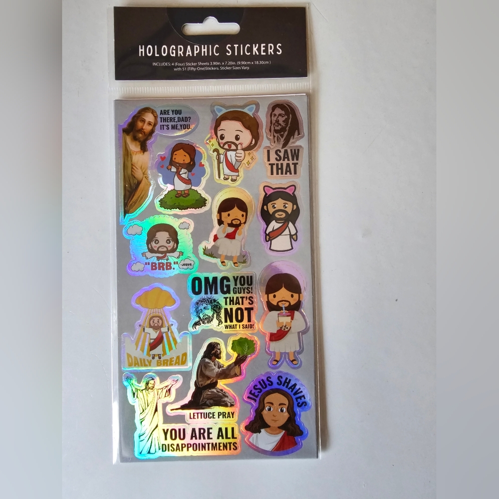 Holographic Jesus Stickers  2 Sheets - Multi Color